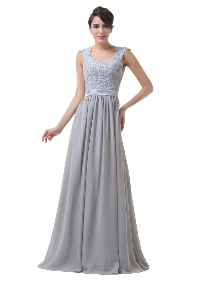 Bodenlanges Abendkleid mit Schulterträgern in Grau-Silber Bodenlanges Abendkleid mit Schulterträgern in Grau-Silber
